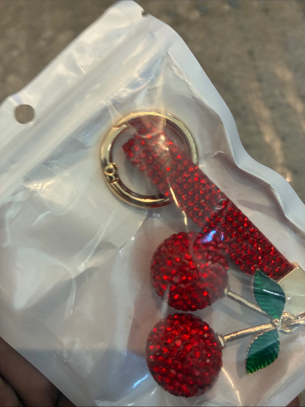Red Crystal Cherry Keychain with Green Enamel Leaves - Picture 4 of 4